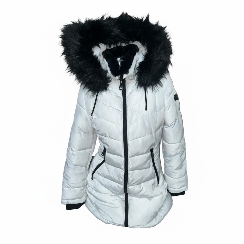 Karl Lagerfeld White Down Puffer Coat Jacket with Hood and Black Faux Fur Trim - Picture 2 of 5